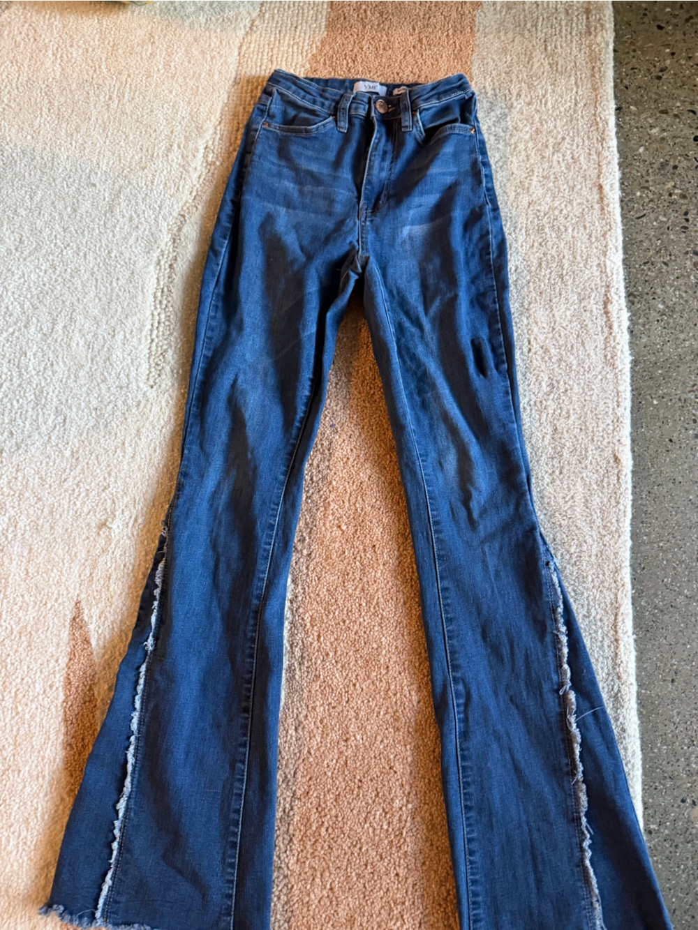 YMI Dark Indigo High-Rise Skinny-to-Flare Jeans with Frayed Side Panels